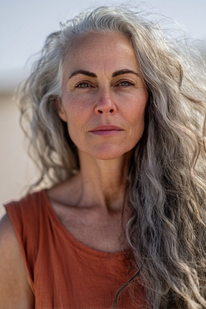 Natural gray waves hairstyle for mature women over 50