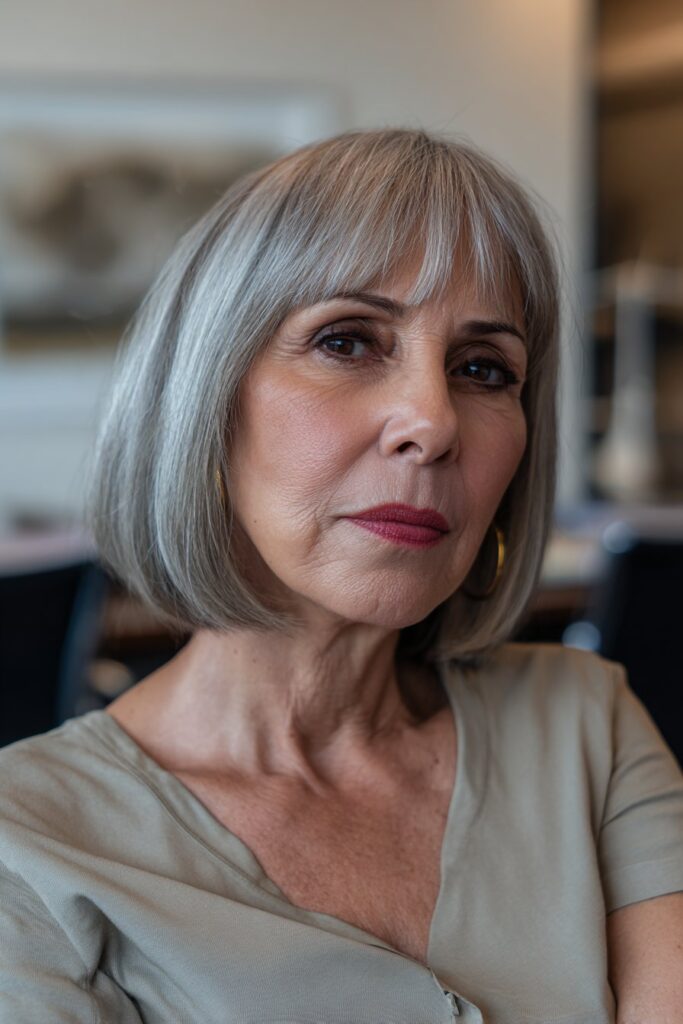 No-part bob with blunt bangs classic old money hairstyle