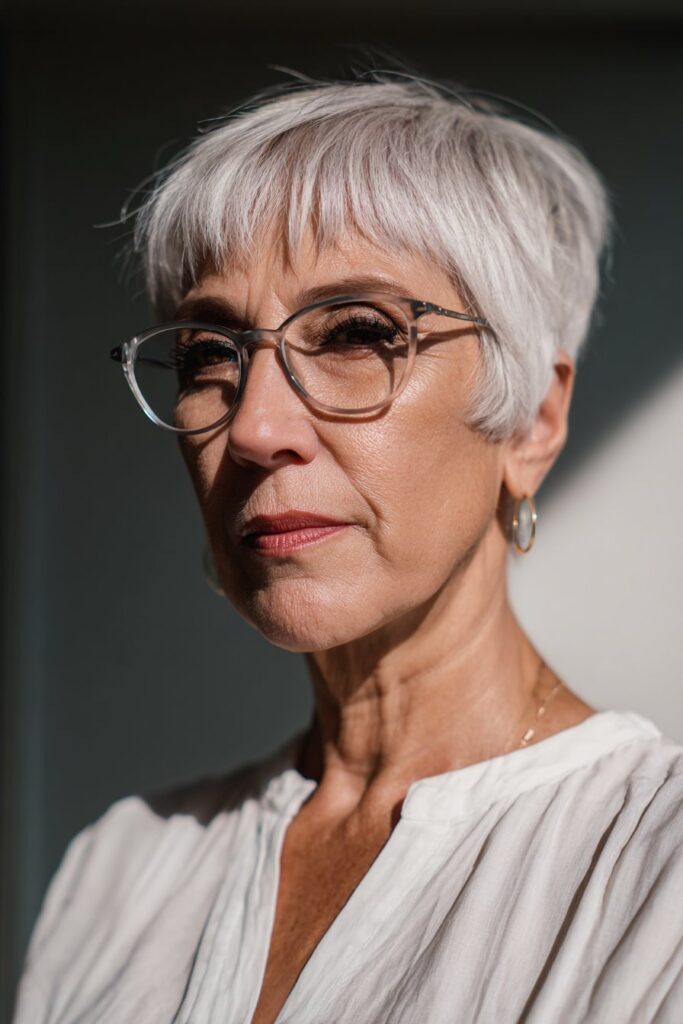 Pixie haircut with brushed-forward bangs