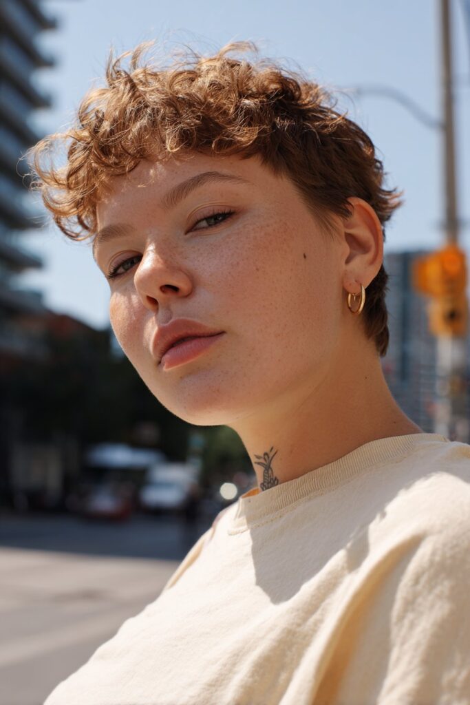 Pixie shag hairstyle with micro bangs for fat face and thin hair