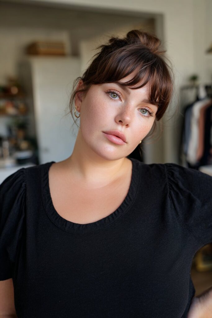 Pixie haircut with curtain bangs for fat face and thin hair