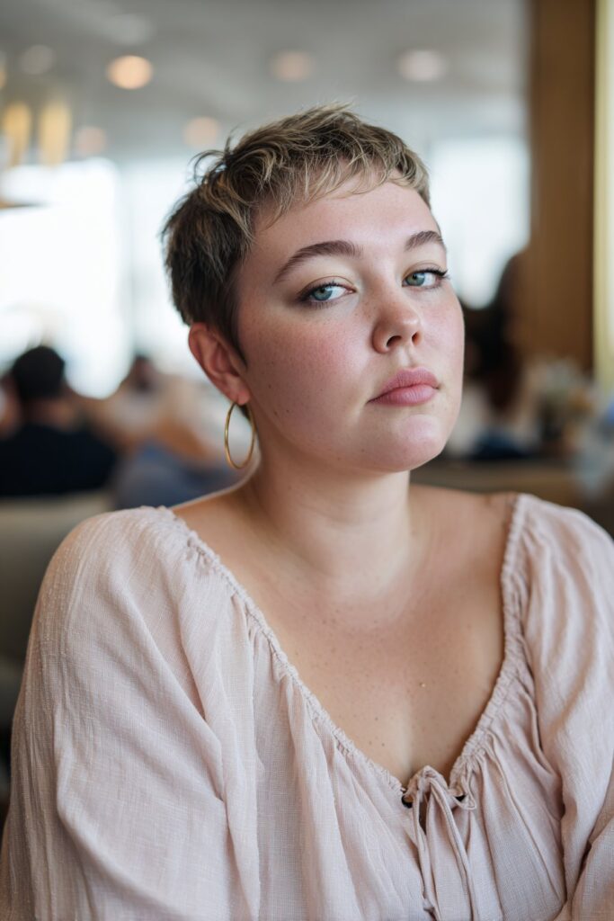 Pixie haircut with face-framing layers for fat face and thin hair