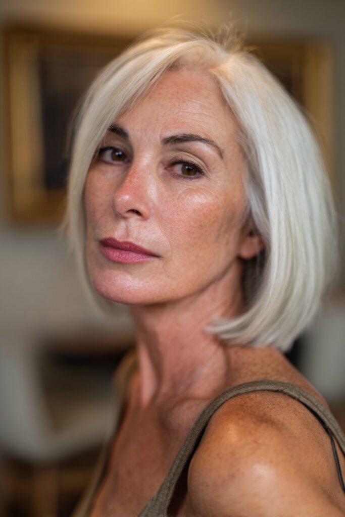 Sculpted side-part old money bob with soft curtain bangs