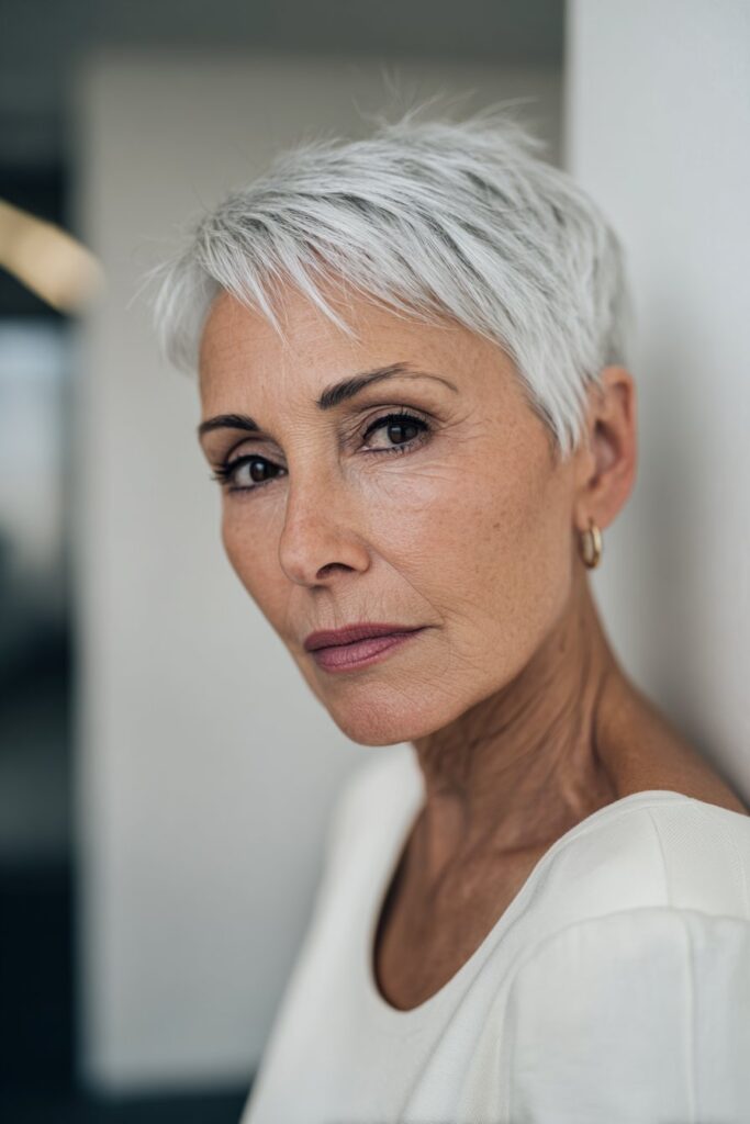 Platinum pixie hairstyle featuring micro fringe