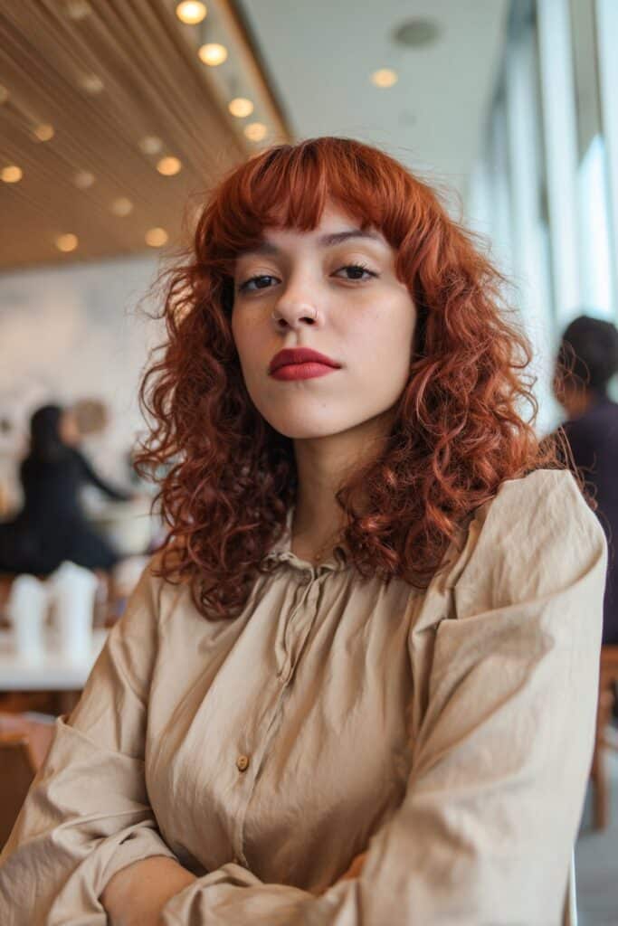 Red curly shag hairstyle with blunt bangs
