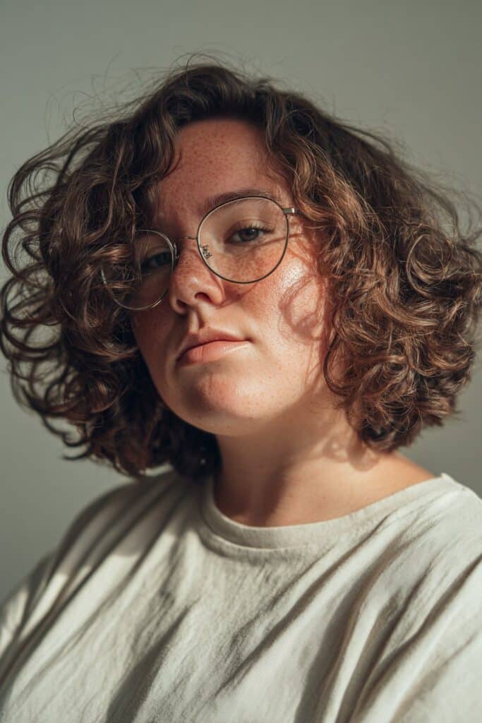 Rezo cut hairstyle for women with voluminous curls.