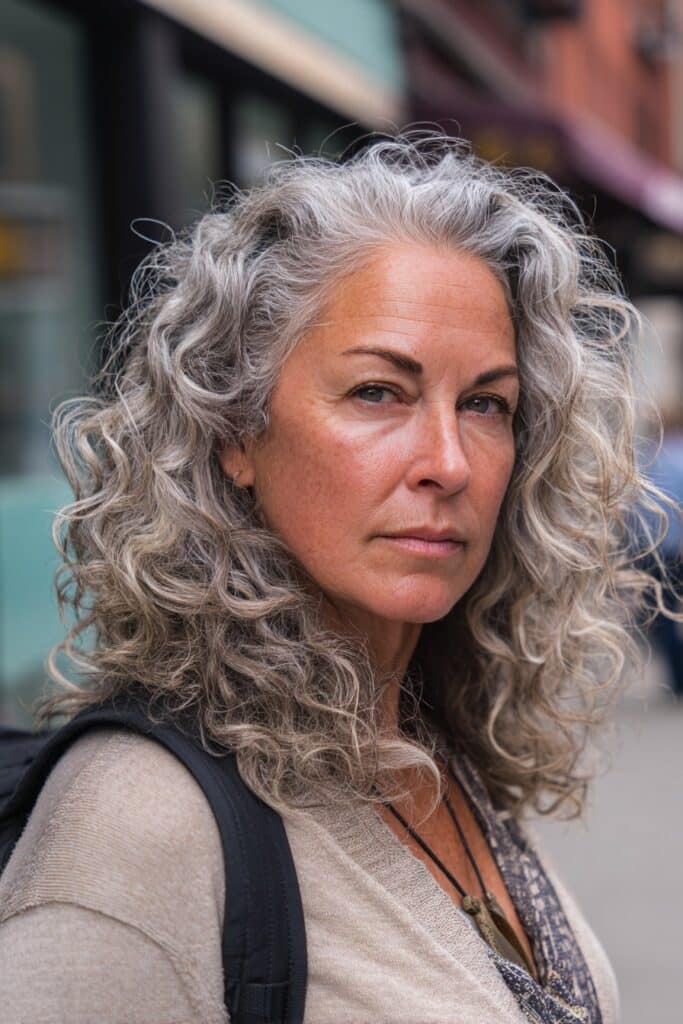 Salt and pepper curly hairstyle for women over 50
