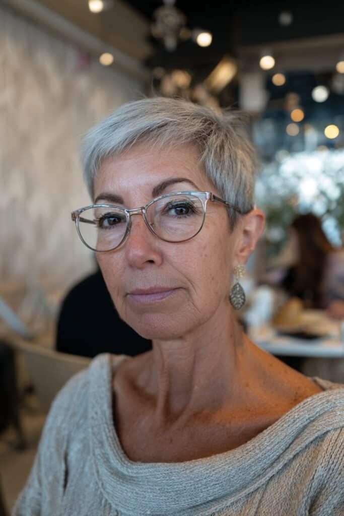 Salt-and-pepper pixie haircut with tapered sides