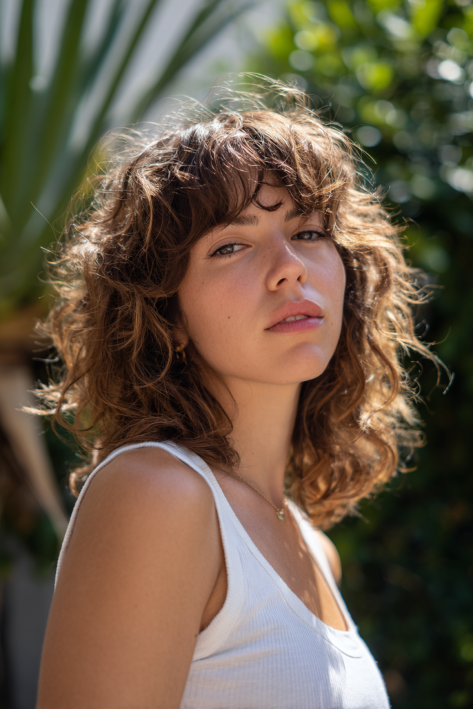 Shaggy layered haircut with wispy bangs