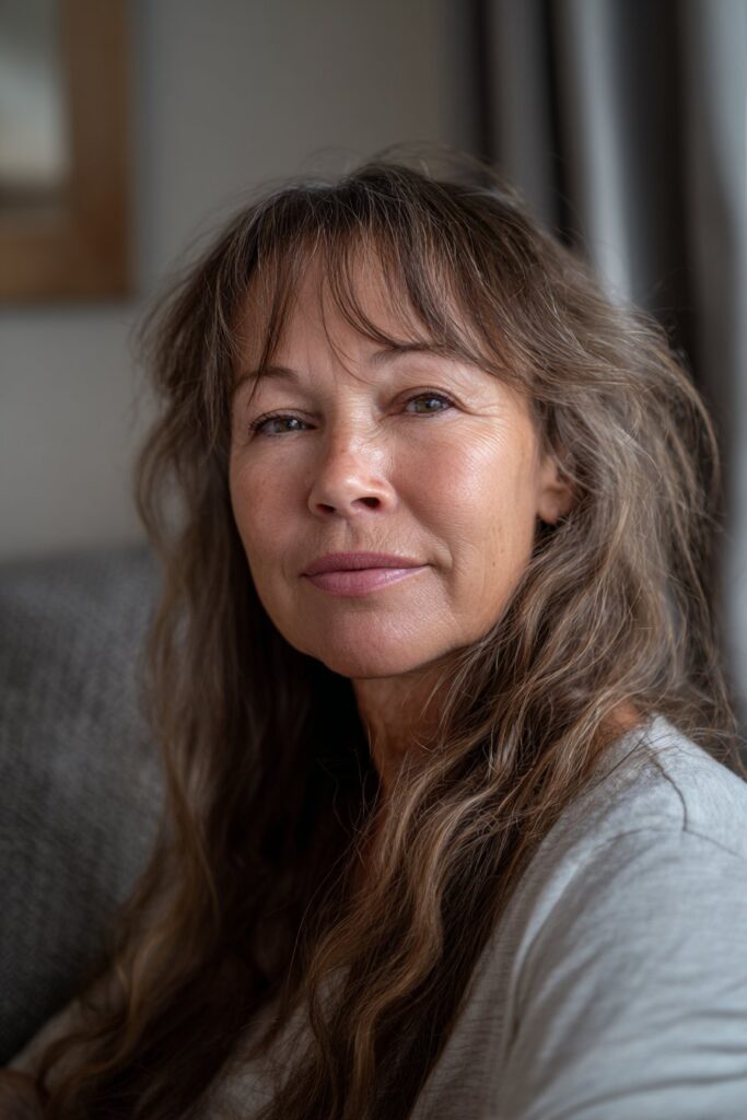 Shaggy lob with curtain bangs sassy hairstyle for older women