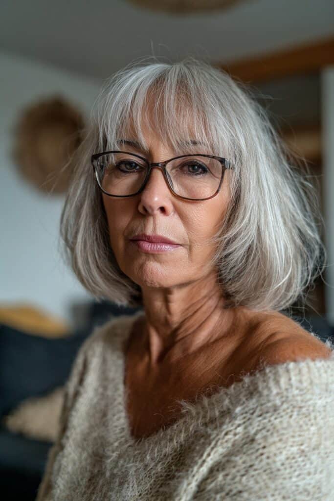 Shaggy lob with curtain bangs hairstyle for women over 70 wearing glasses