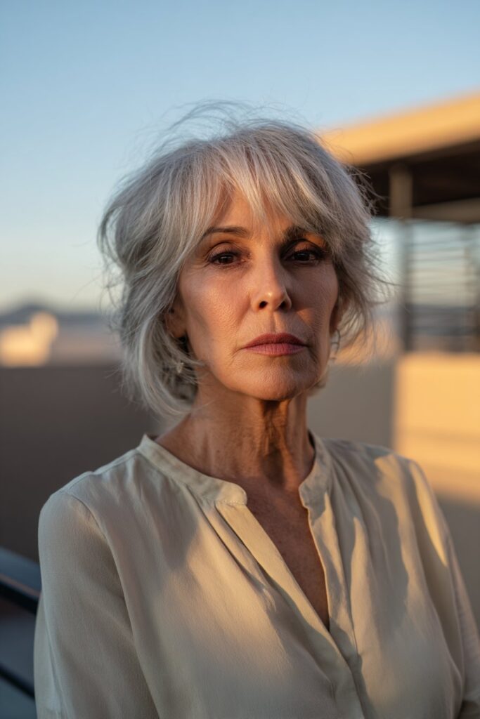 Shaggy pixie hairstyle with curtain fringe