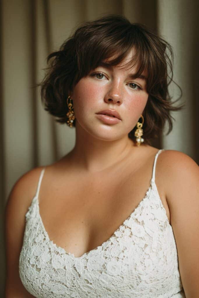 Shaggy short haircut with curtain bangs for women