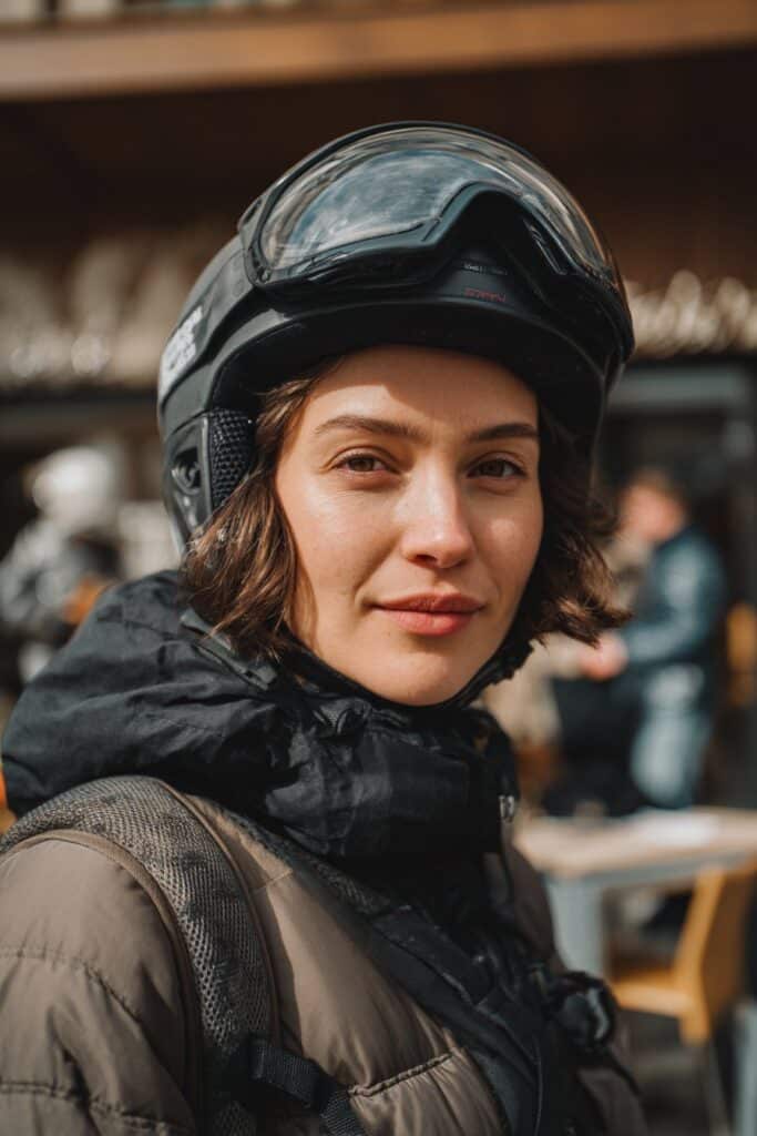 Woman with short bob haircut and soft face-framing tendrils.