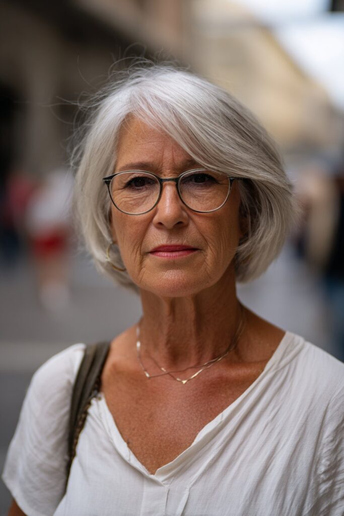 Short choppy bob hairstyle for mature women over 70 wearing glasses