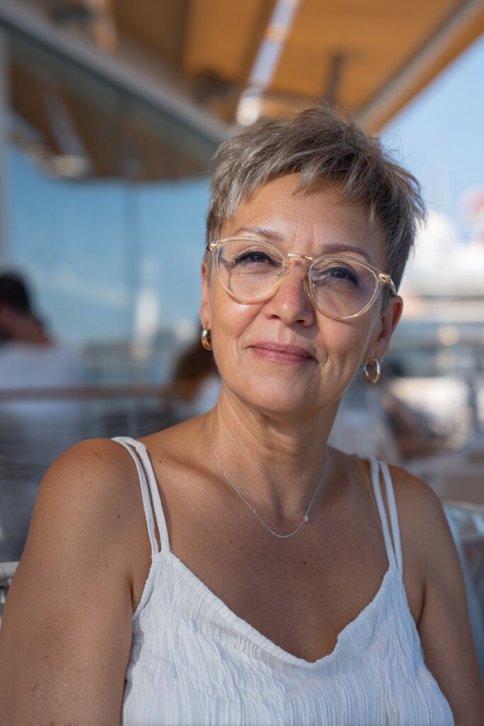 Short feathered pixie haircut for women over 60, low-maintenance hairstyle