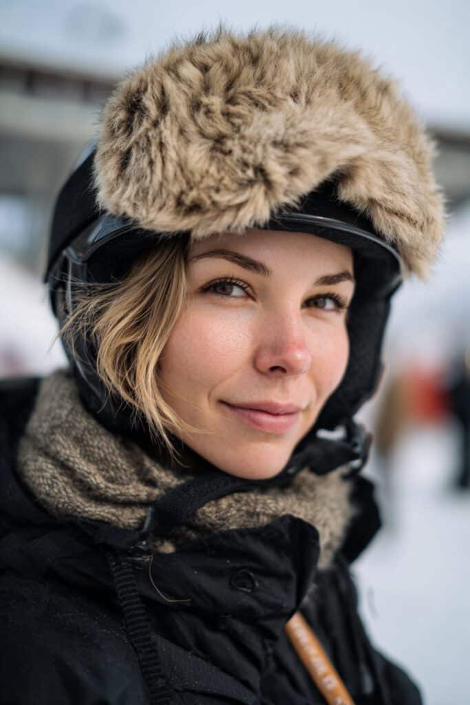 Woman with short hair styled with a faux fur headband.