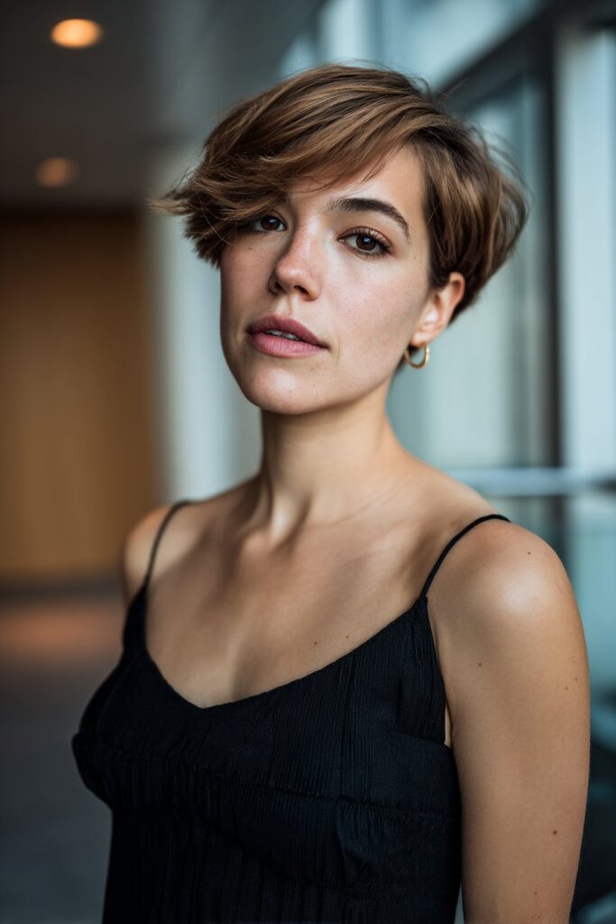 Short pixie bob haircut with side curtain bangs on straight hair