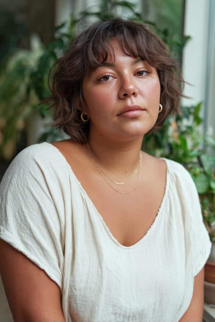 Short shag hairstyle with wispy layers for fat face and thin hair