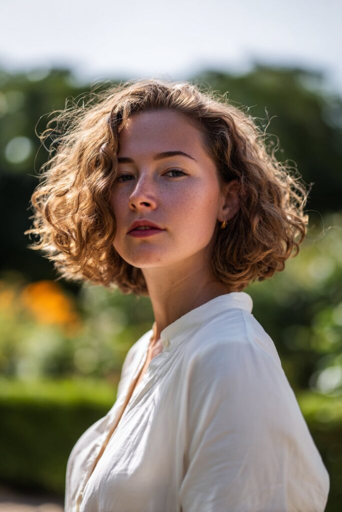 Shoulder-length curls with deep side part haircut