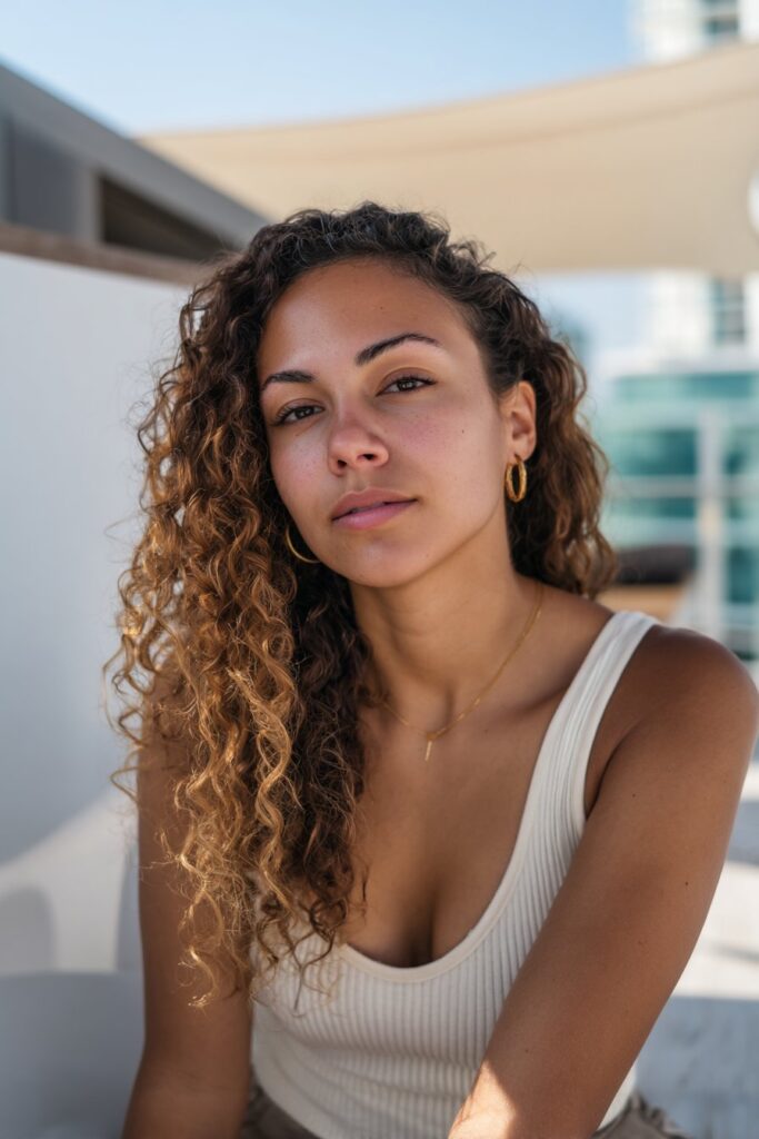Shoulder-length curly haircut with balayage highlights