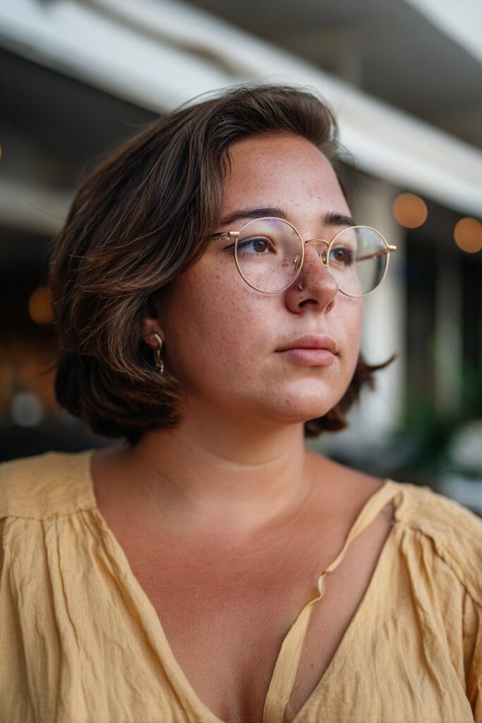 Shoulder-length shag haircut with side part for women.