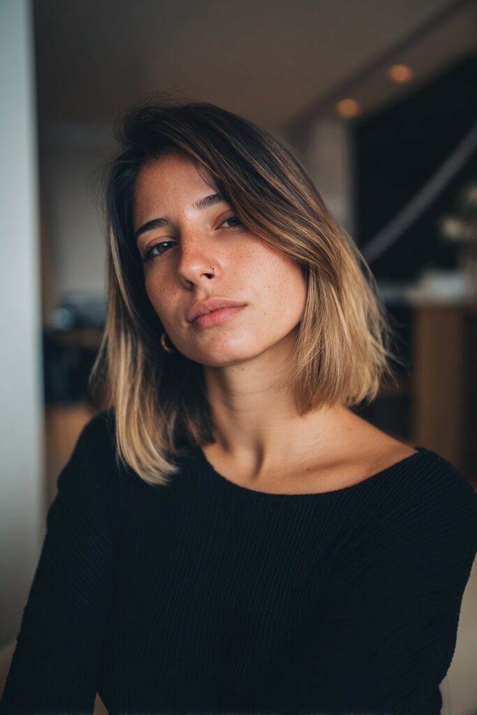 Straight hair with side-part curtain bangs and added volume