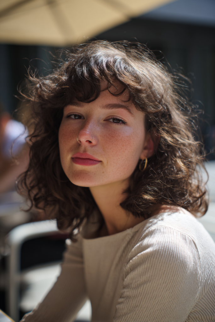 Shoulder-length curly hair with side-swept bangs