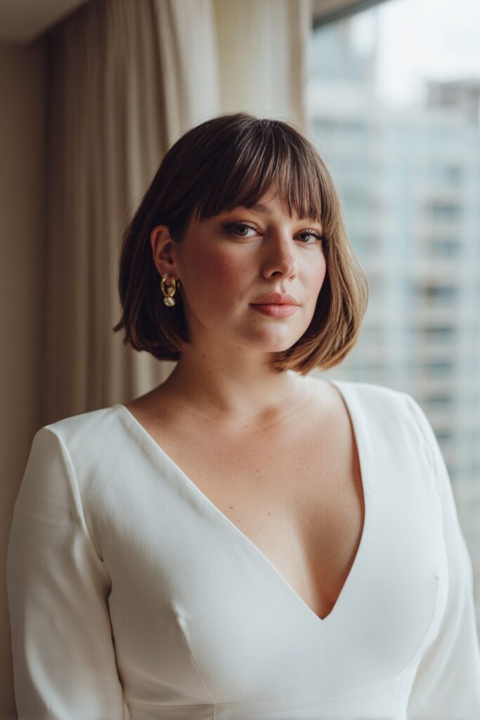 Sleek bob haircut with side-swept bangs for women