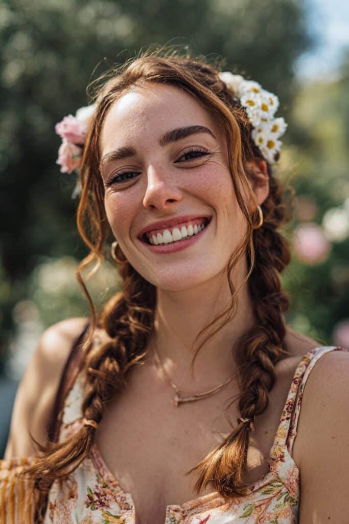 Bridesmaid side hairstyle boho braid adorned with flowers