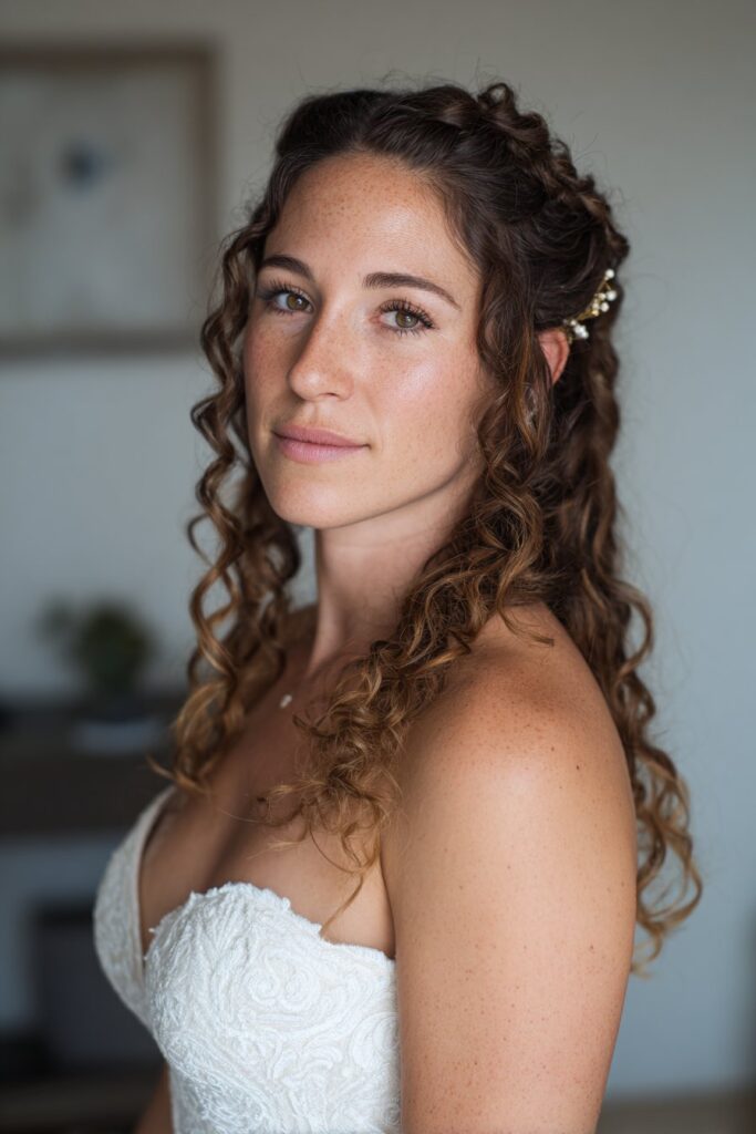 15 Stunning Messy Curly Updo Hairstyles for Weddings 8 Side-swept curly updo with hair clip