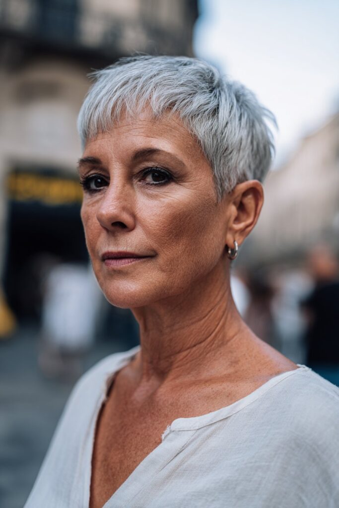 Side-swept gray crop hairstyle for women over 50