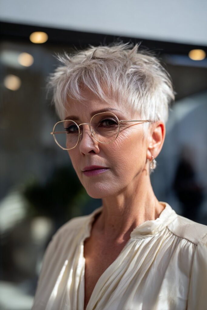 Silver blonde pixie hairstyle with textured ends