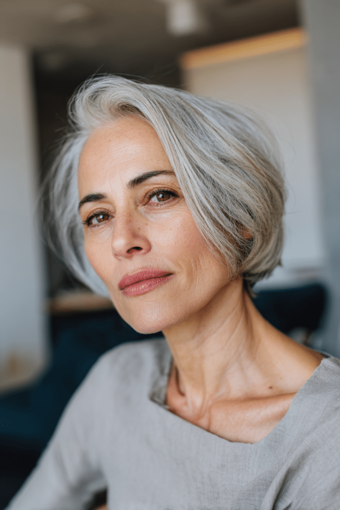Silver bob haircut with side-swept fringe