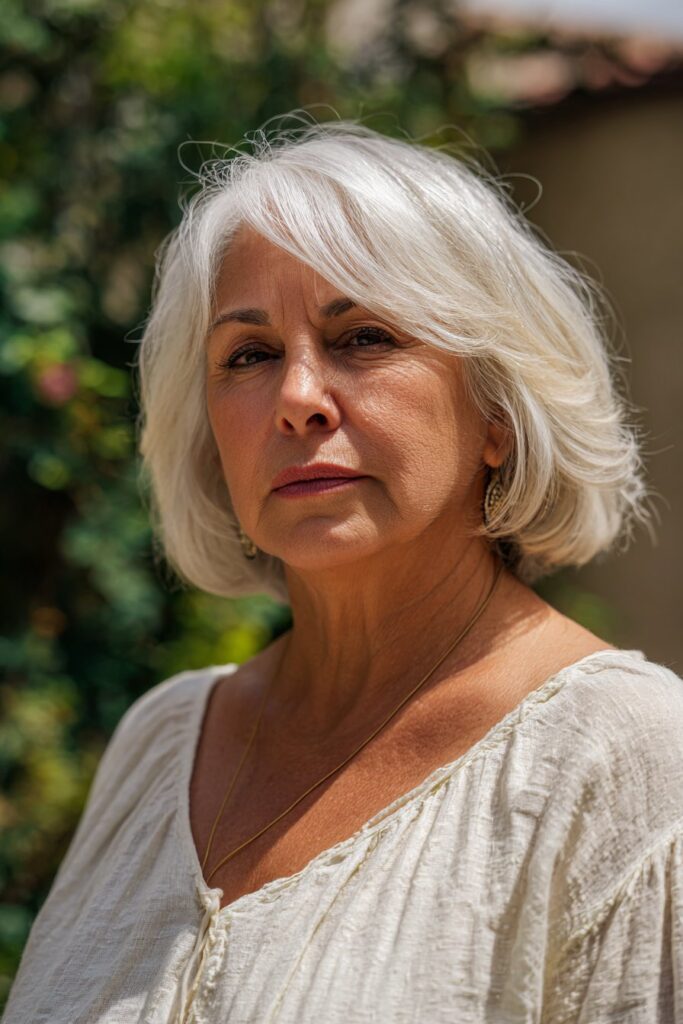 Silver feathered short haircut with layers