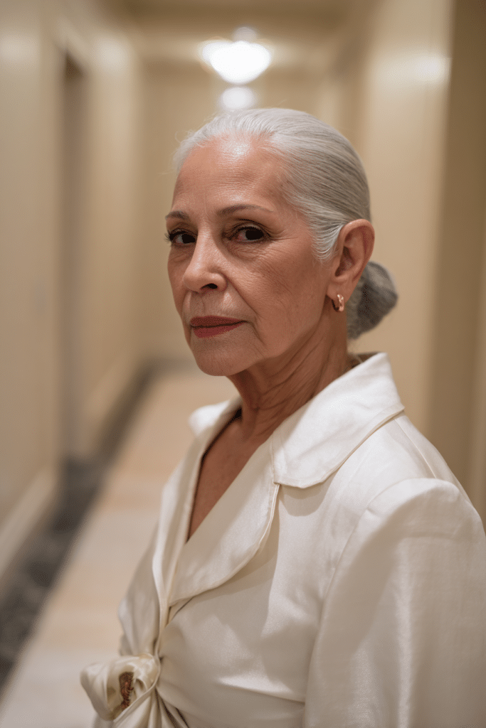 Silver hair styled in a sleek low bun