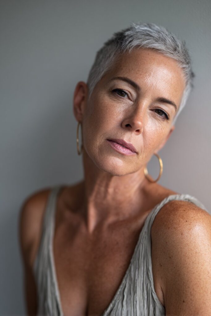 Silver pixie cut for mature women over 50