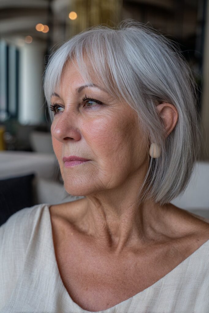 Silver pixie cut with eye-grazing bangs