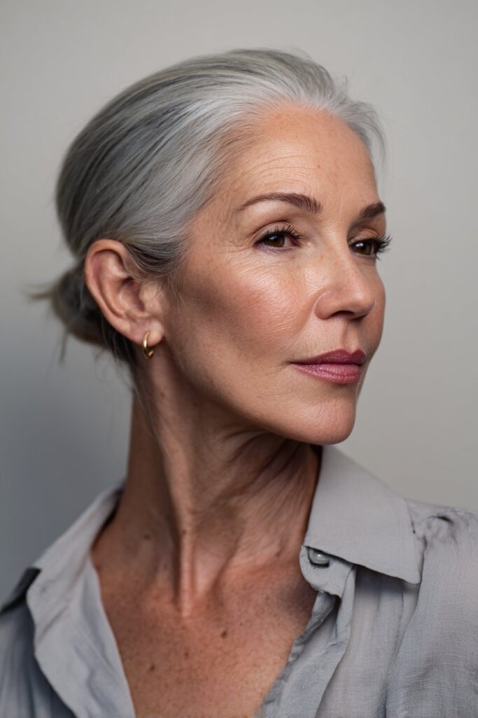 Silver pompadour hairstyle for women over 50