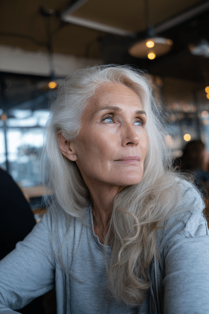 Silver shag haircut with wispy layers and light texture