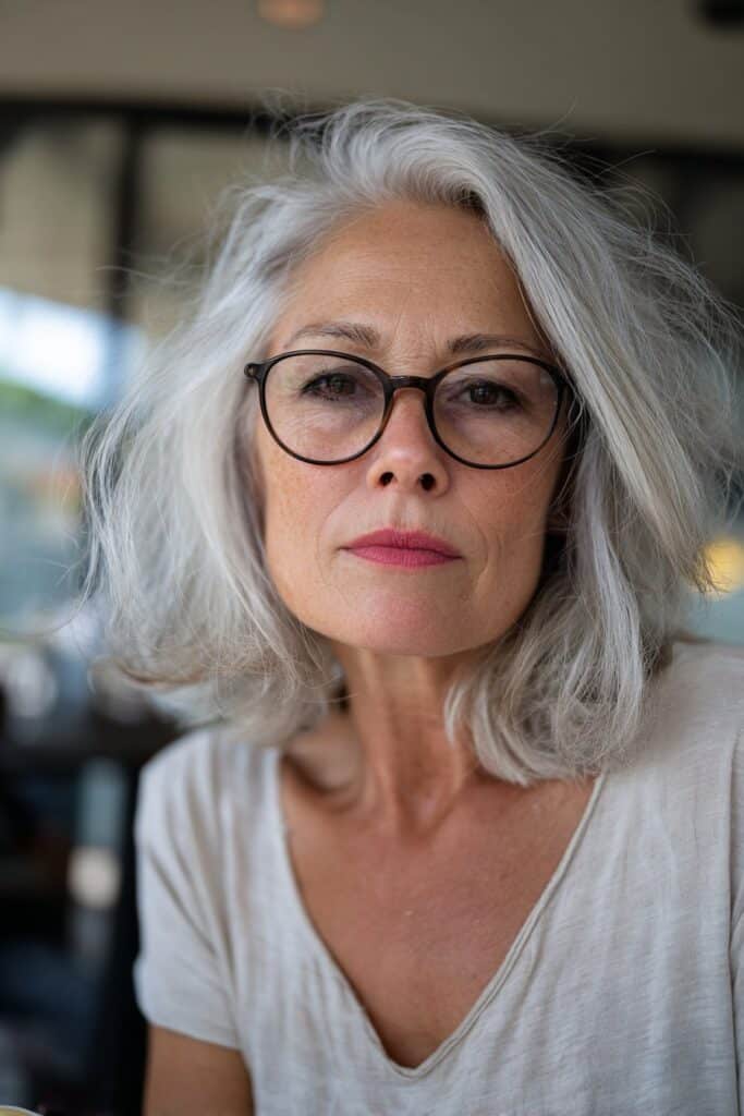 Silver wispy pixie hairstyle with soft layers