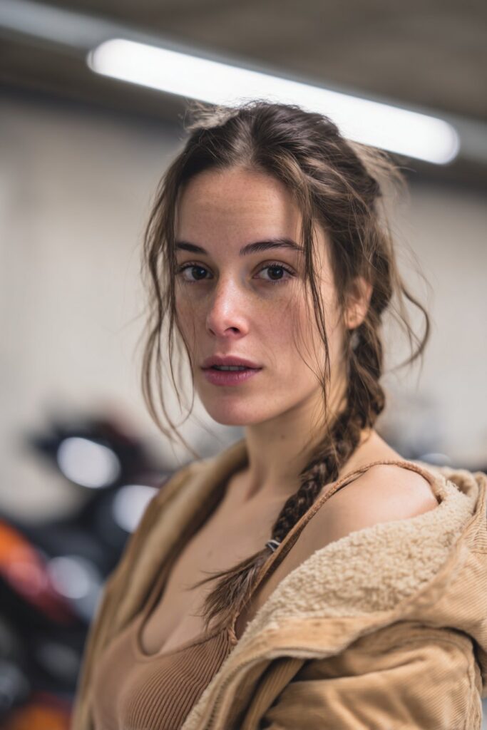 Single back braid hairstyle for women biker