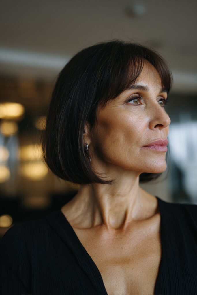 Sleek brunette bob with arched bangs old money aesthetic