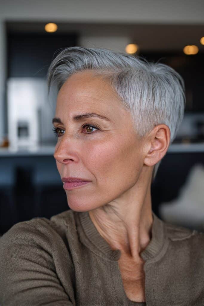 Sleek pixie haircut with a deep side part