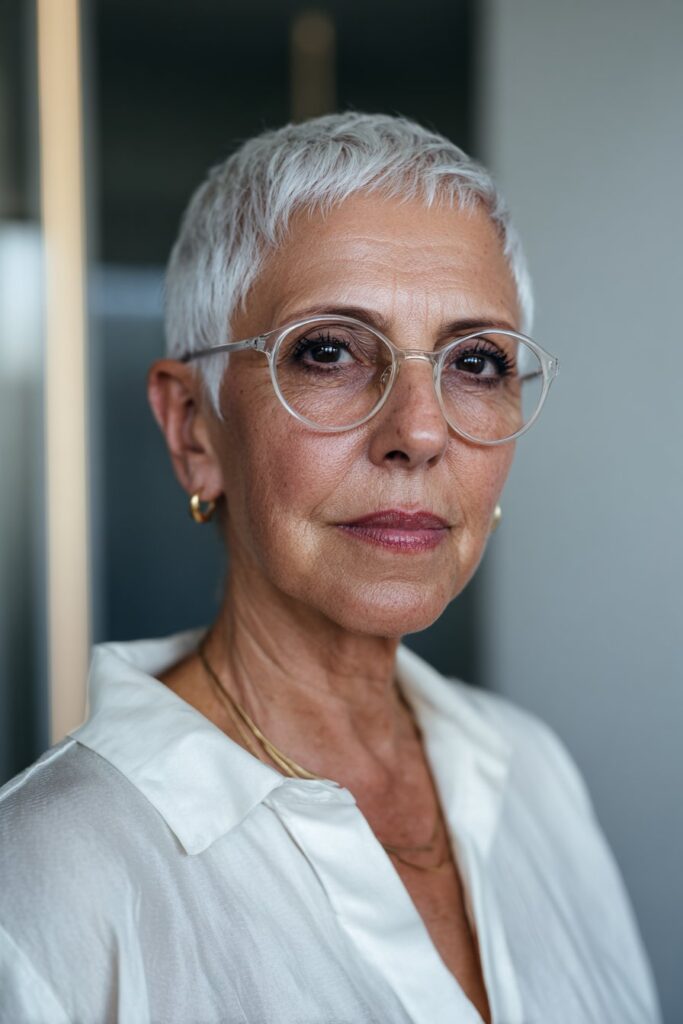 Sleek silver pixie hairstyle with smooth finish