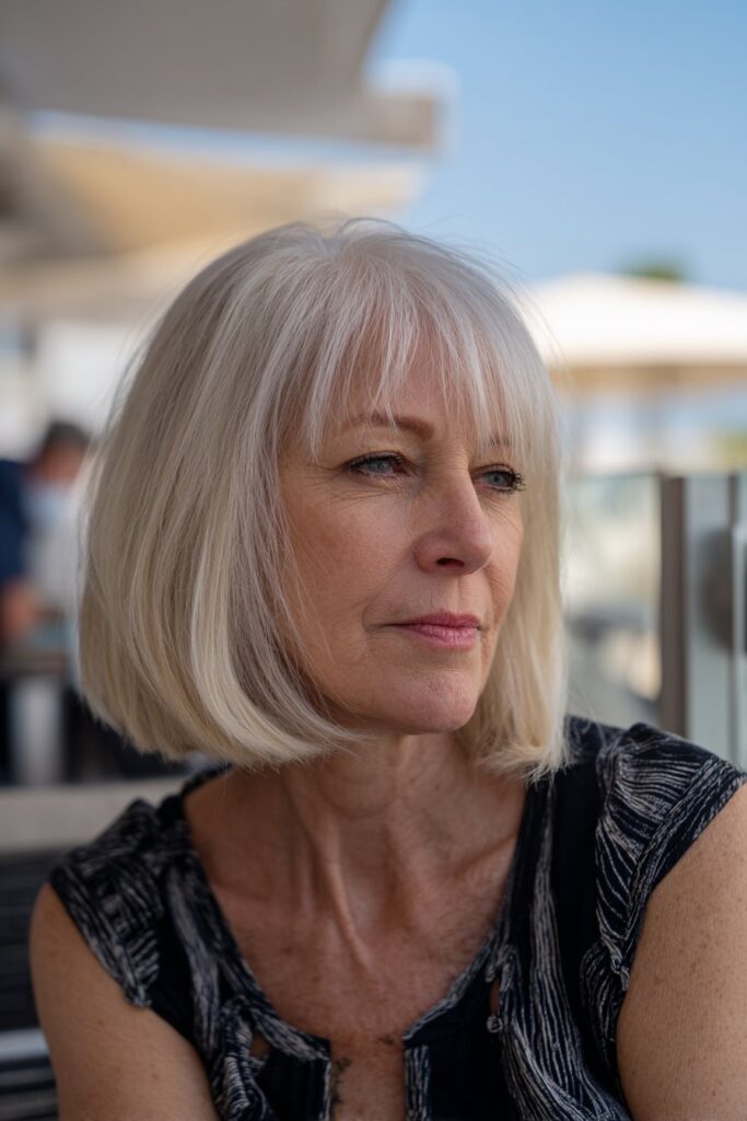 Soft blonde old money bob with wispy fringe bangs