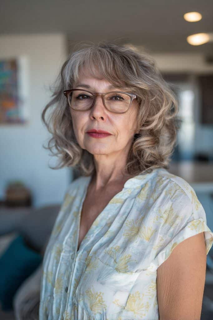 Soft curls with side-swept bangs for women over 70 with glasses
