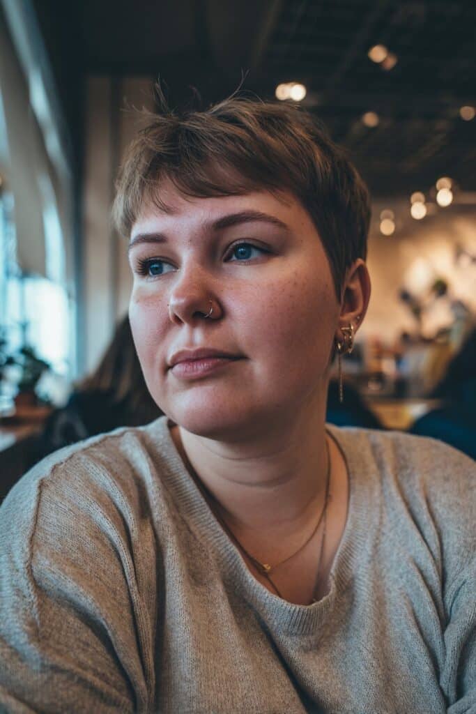 Soft feathered pixie cut flattering fat face and thin hair