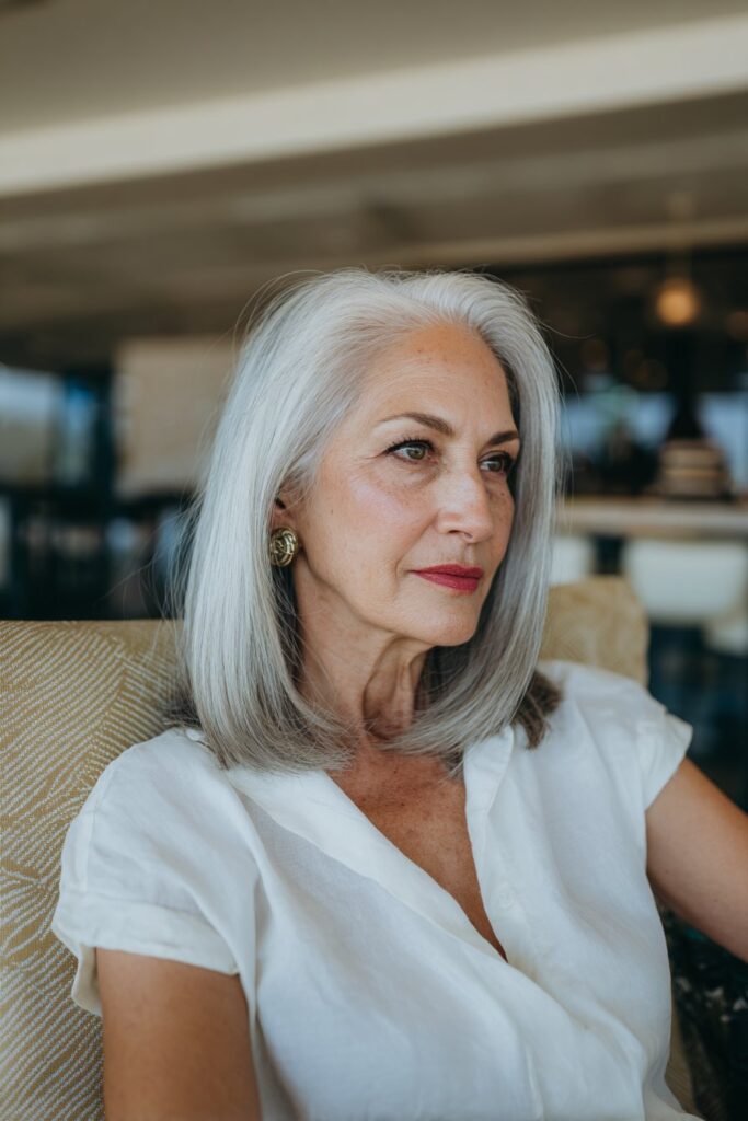 Soft layered lob haircut for women over 60, low-maintenance and elegant