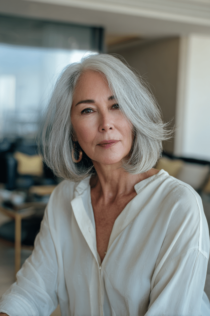Soft layered silver bob with natural volume and movement